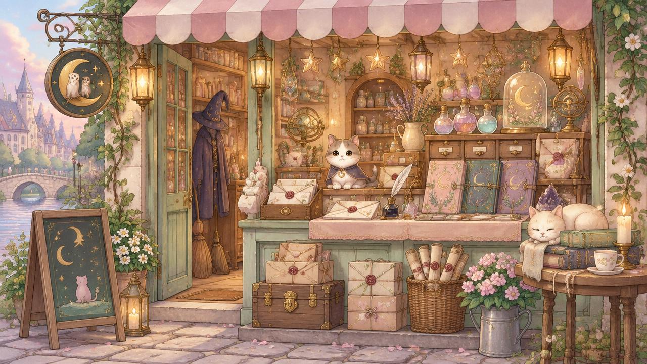 Illustrated pastel magical stationery shop front